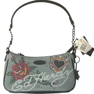 Ed Hardy Gray Shoulder Bag with Colorful Embellishments